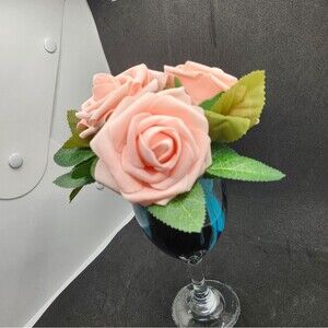 Hand Crafted Floral Table Centerpiece  Summer Peach Roses Flower Wine Glass